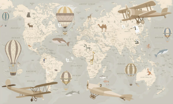 A map of the world with airplanes and hot air balloons A map of the world with airplanes and hot air balloons