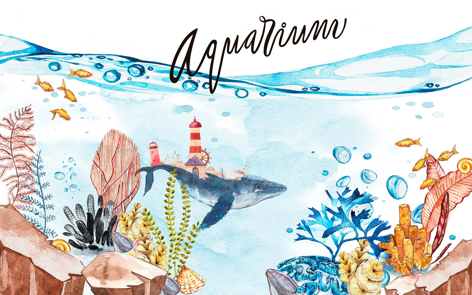 Watercolor of a whale and a lighthouse u34420p - Watercolor of a whale and a lighthouse - tegory