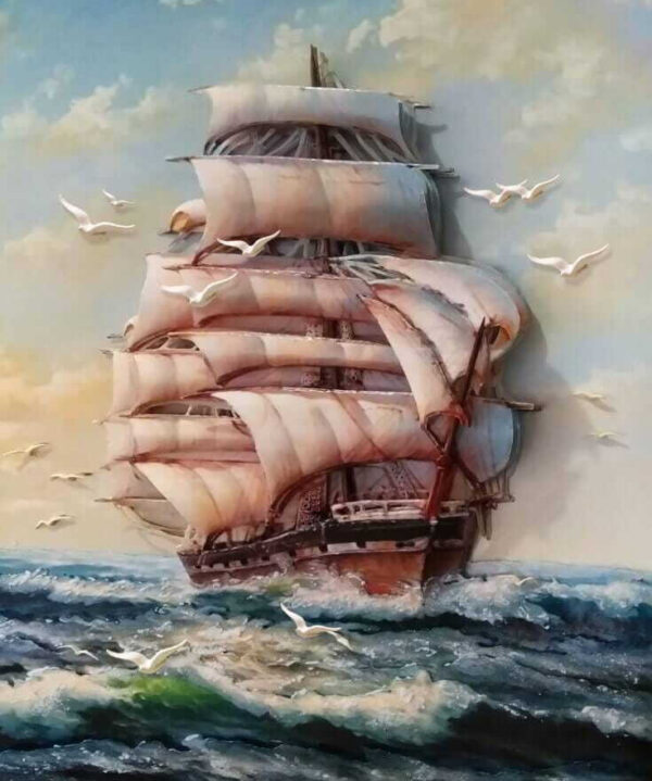 Painting of a ship with sails and birds flying Painting of a ship with sails and birds flying