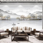 Wall murals Painting of a lake with trees and mountains