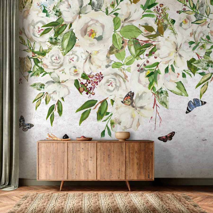 Painting of white flowers and butterflies u33223pih1 900x900 - Painting of white flowers and butterflies - tegory
