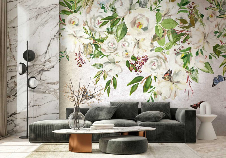 Painting of white flowers and butterflies u33223pig2 900x630 - Painting of white flowers and butterflies - tegory