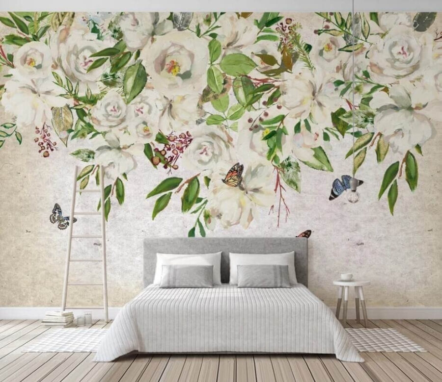 Painting of white flowers and butterflies u33223pib1m 900x779 - Painting of white flowers and butterflies - tegory