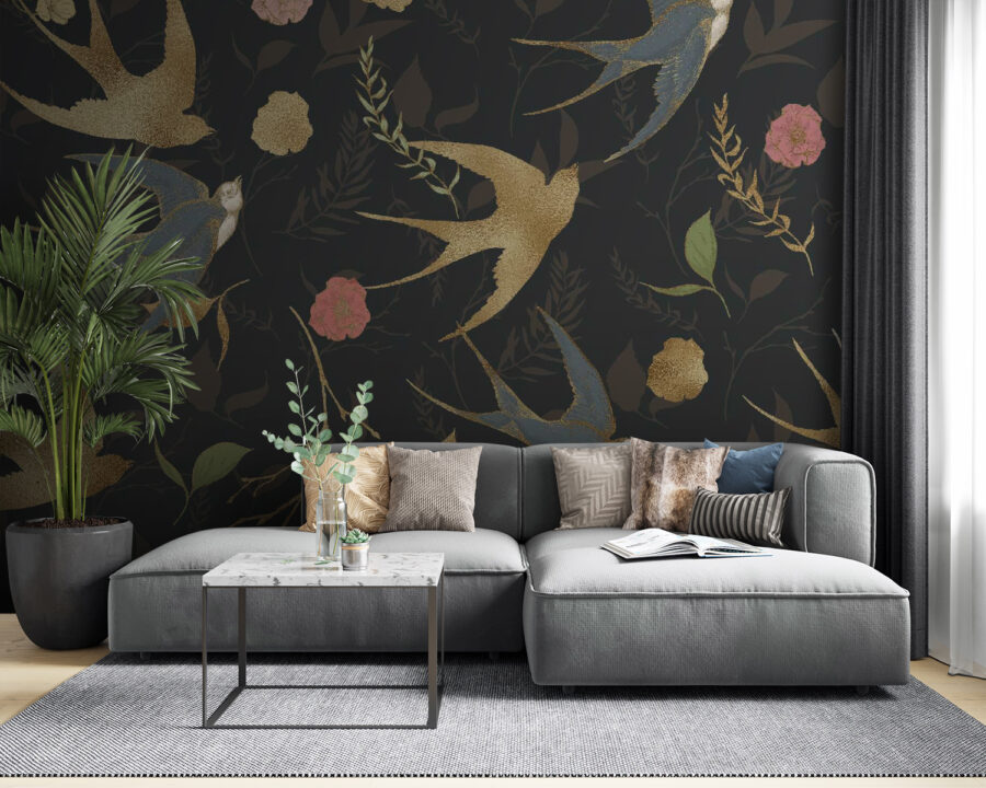 Pattern of birds and flowers