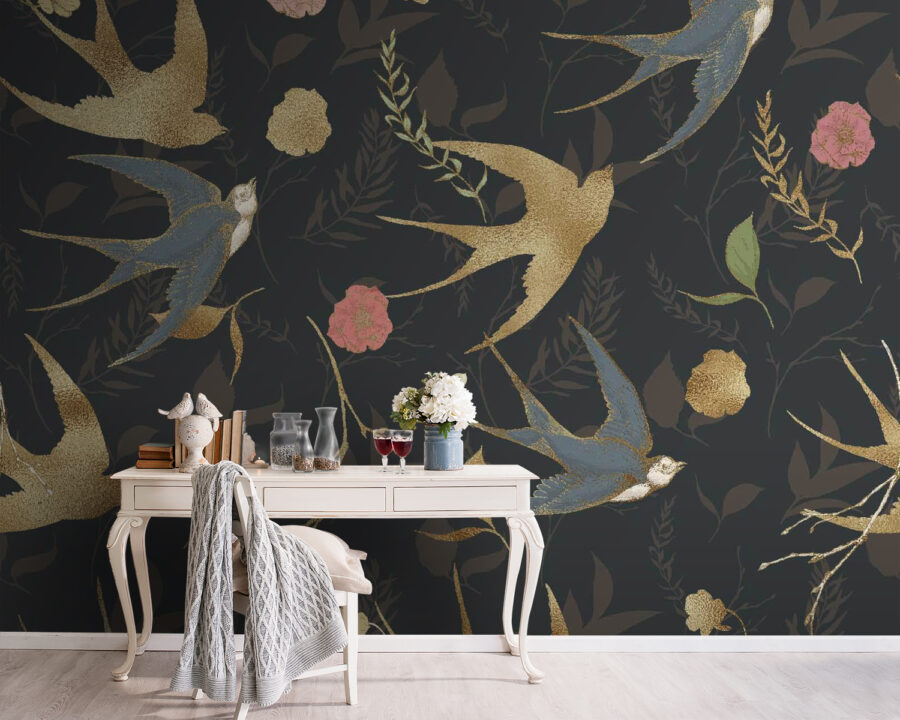 Pattern of birds and flowers
