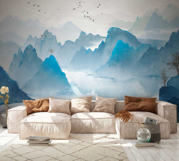 Watercolor painting of mountains and birds Watercolor painting of mountains and birds