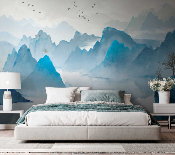 Watercolor painting of mountains and birds Watercolor painting of mountains and birds