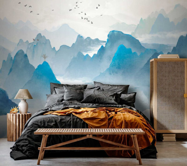 Watercolor painting of mountains and birds Watercolor painting of mountains and birds
