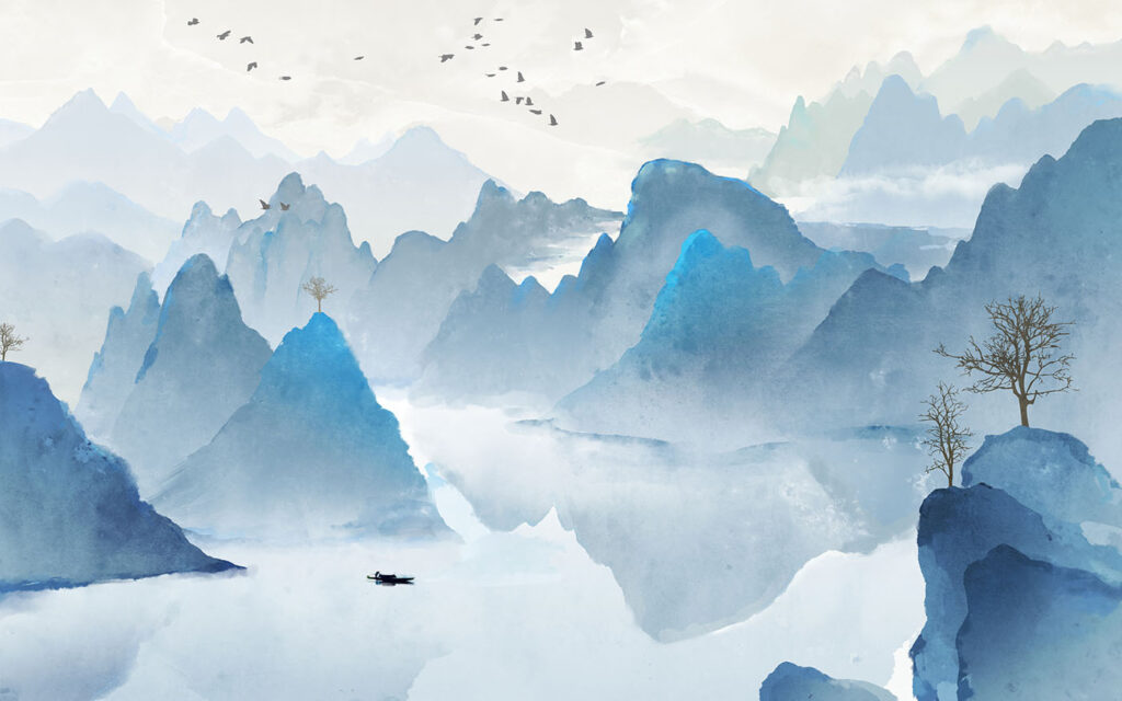 Watercolor painting of mountains and birds Watercolor painting of mountains and birds