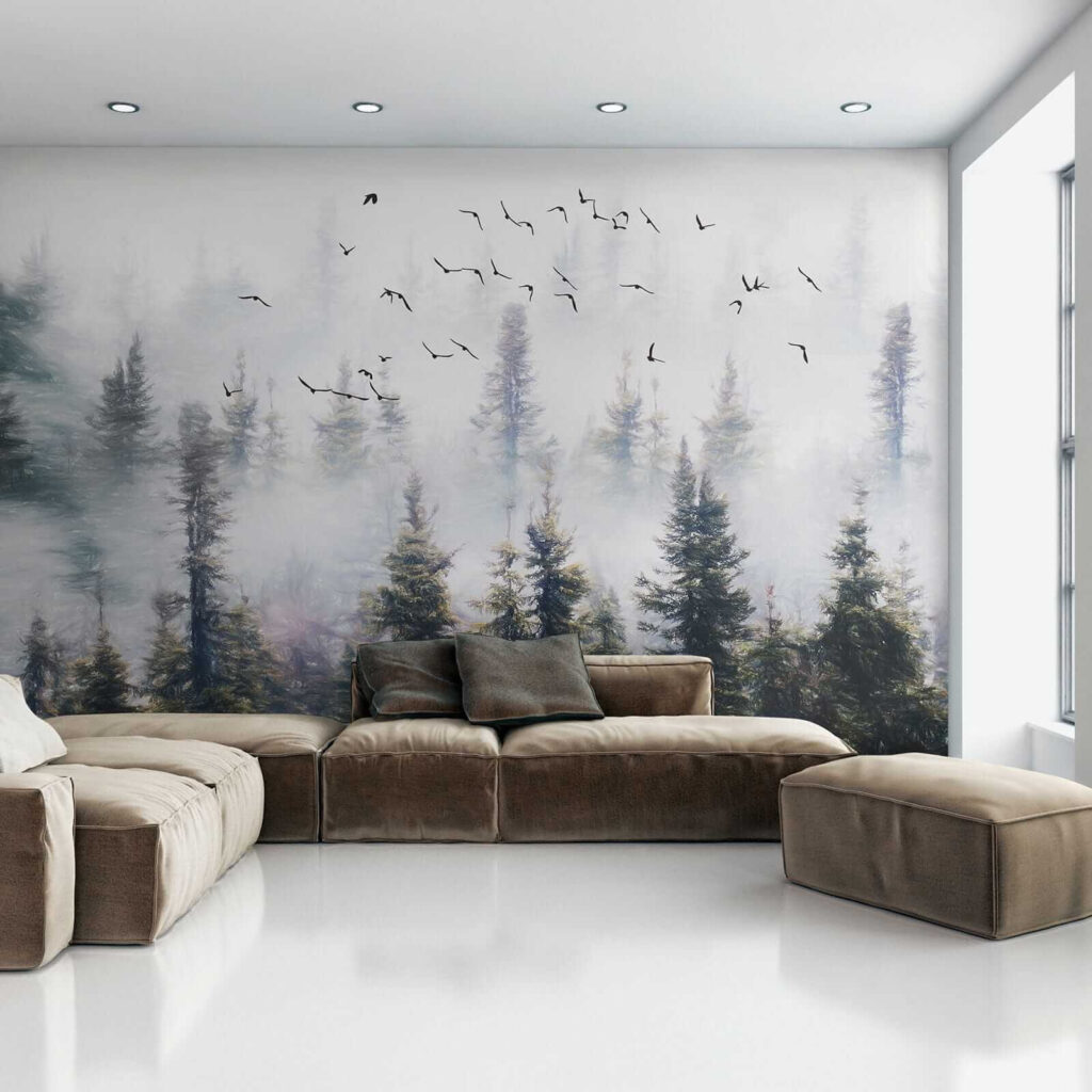 Birds flying in the sky over trees