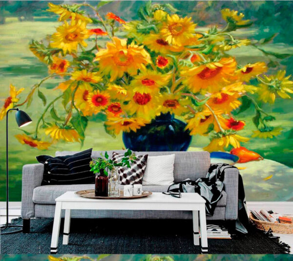 Painting of a vase of yellow flowers and fruit Painting of a vase of yellow flowers and fruit