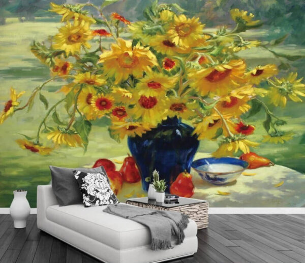 Painting of a vase of yellow flowers and fruit Painting of a vase of yellow flowers and fruit