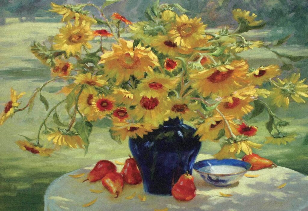 Painting of a vase of yellow flowers and fruit Painting of a vase of yellow flowers and fruit