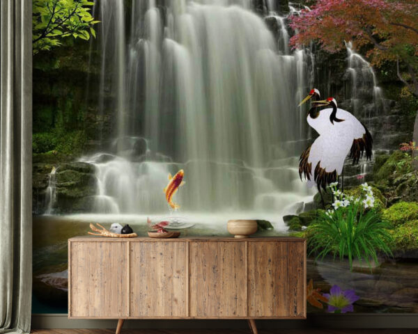 Waterfall with birds and fish Waterfall with birds and fish