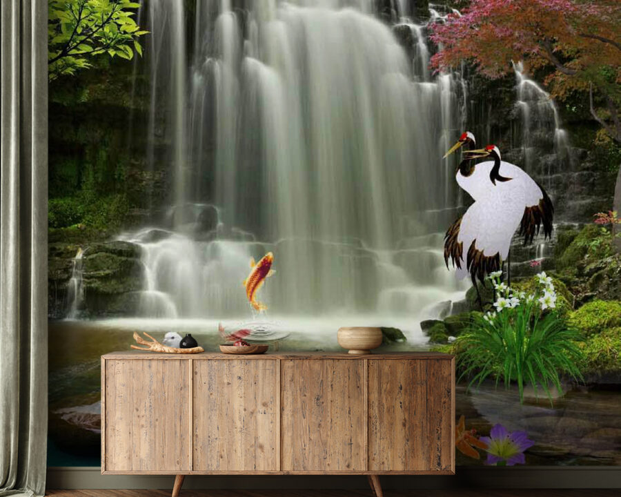 Waterfall with birds and fish