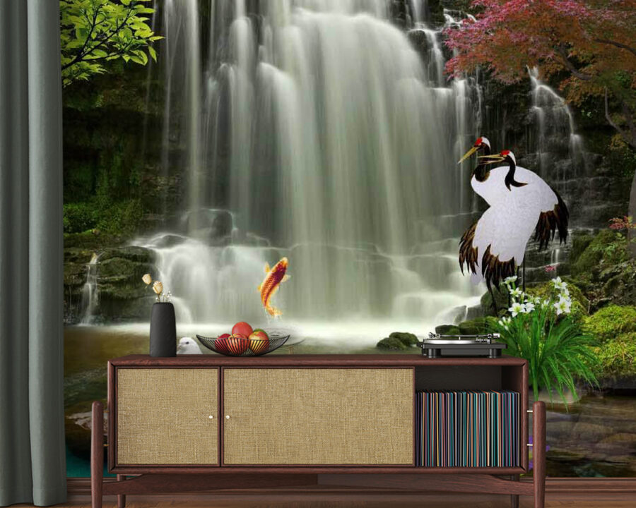 Waterfall with birds and fish