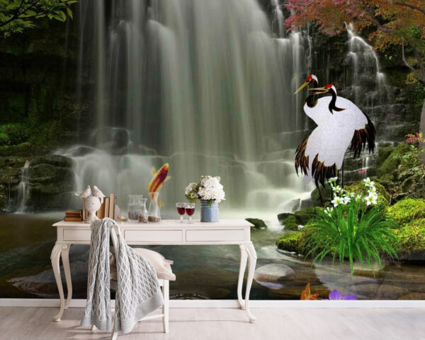 Waterfall with birds and fish Waterfall with birds and fish
