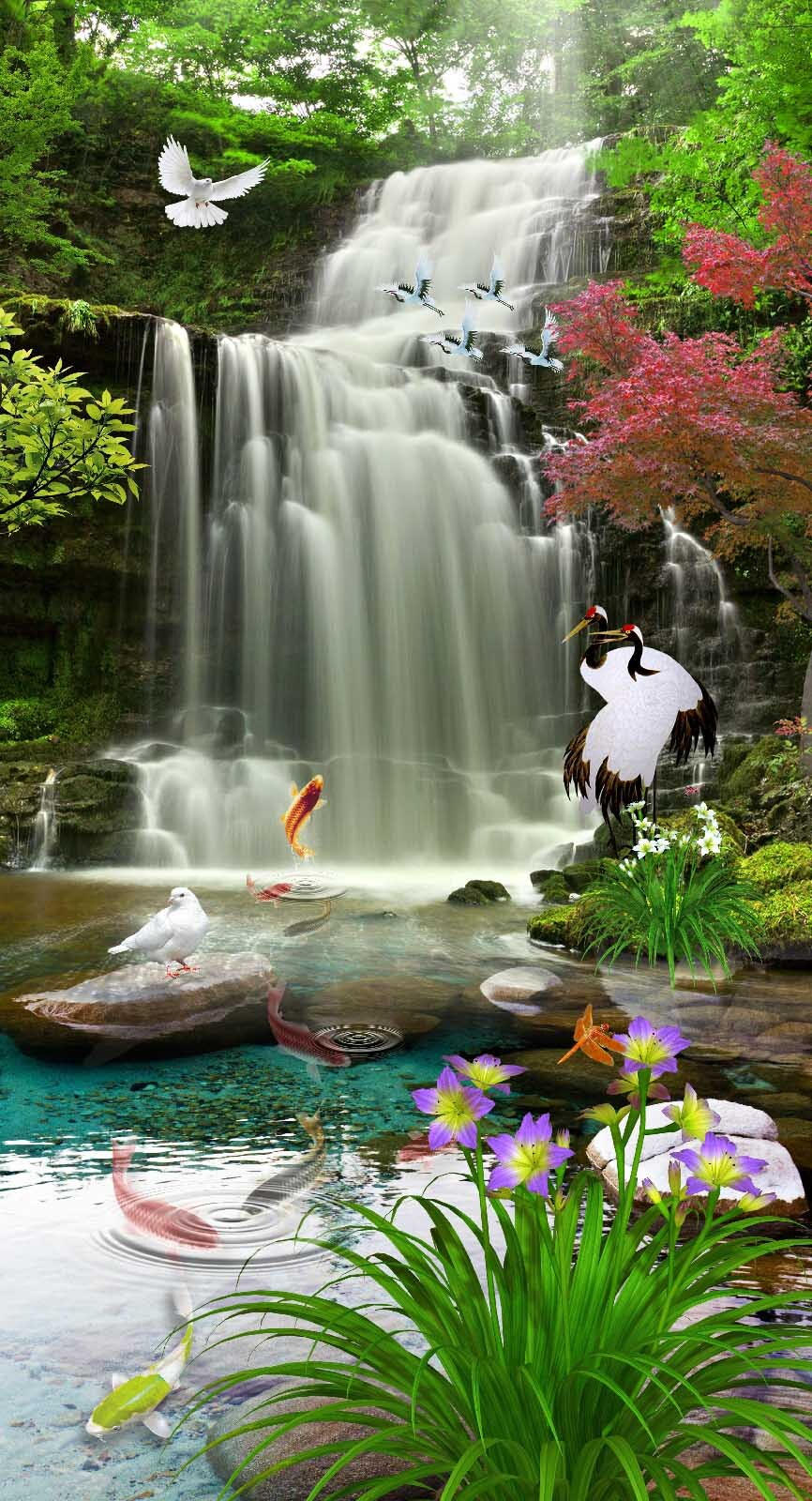 Waterfall with birds and fish
