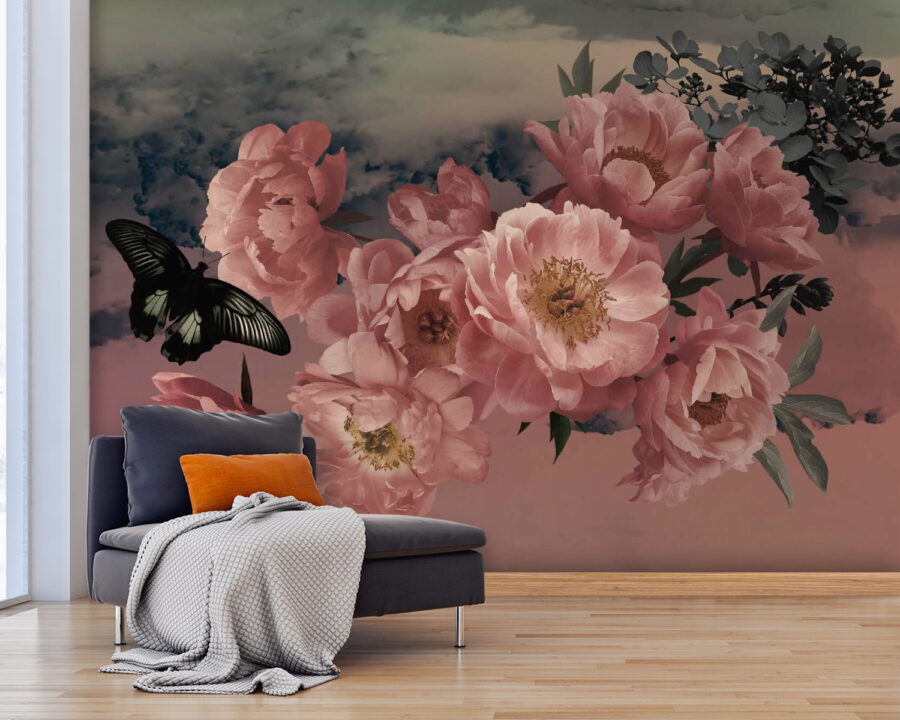 Butterfly flying over a bunch of pink flowers
