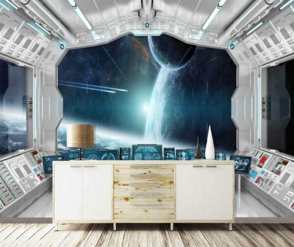 Room with screens and a view of earth from the window Room with screens and a view of earth from the window