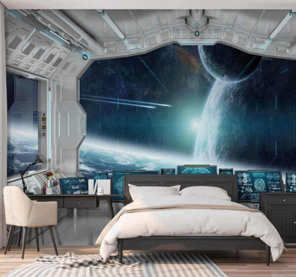 Room with screens and a view of earth from the window Room with screens and a view of earth from the window