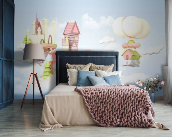 Cartoon houses floating in the sky Cartoon houses floating in the sky