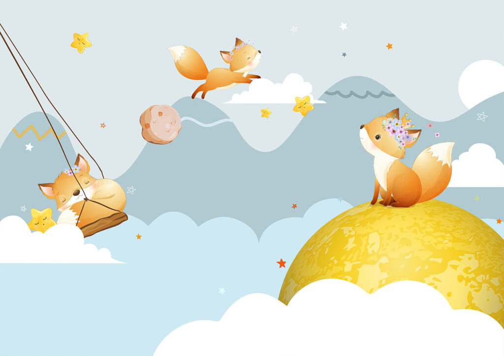 Cartoon of foxes on a moon Cartoon of foxes on a moon