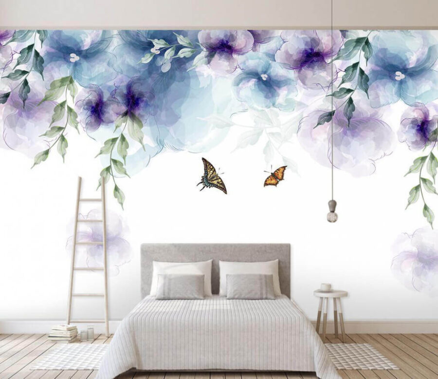 Butterfly and flowers with leaves