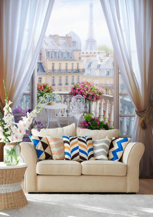 View of a balcony with a view of the eiffel tower from the window View of a balcony with a view of the eiffel tower from the window