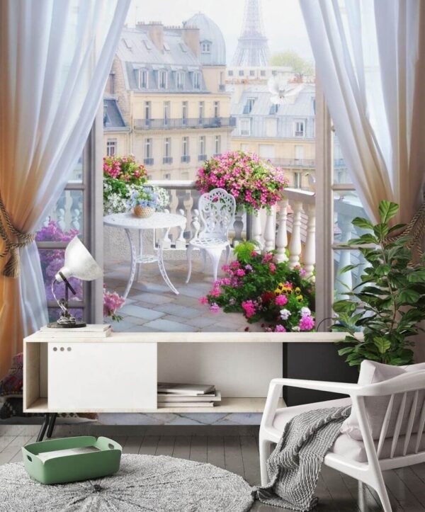 View of a balcony with a view of the eiffel tower from the window View of a balcony with a view of the eiffel tower from the window