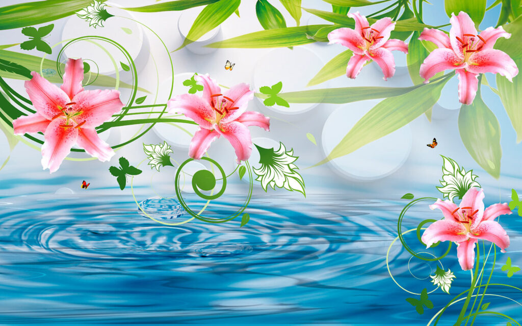 Pink flowers and green leaves over water Pink flowers and green leaves over water