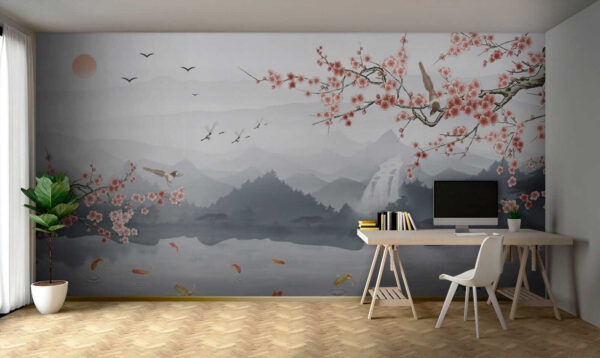 Painting of a river with a waterfall and birds Painting of a river with a waterfall and birds