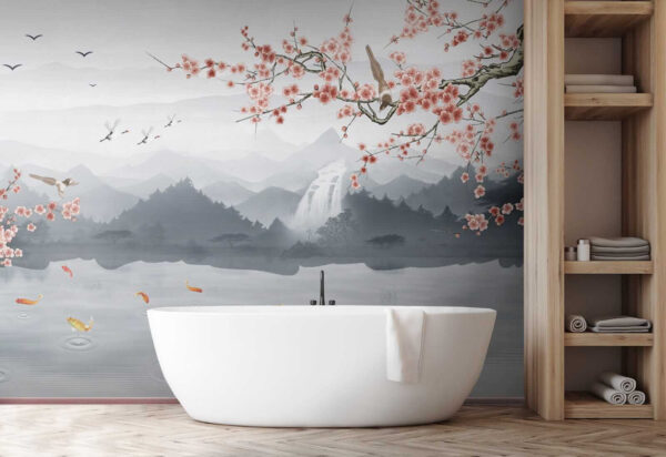 Painting of a river with a waterfall and birds Painting of a river with a waterfall and birds