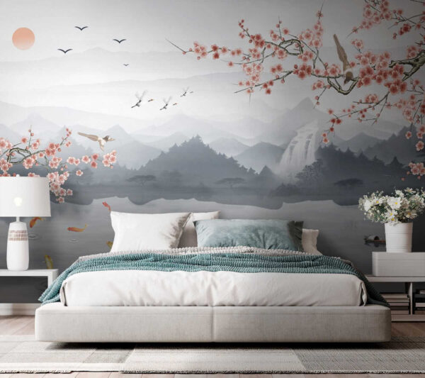 Painting of a river with a waterfall and birds Painting of a river with a waterfall and birds