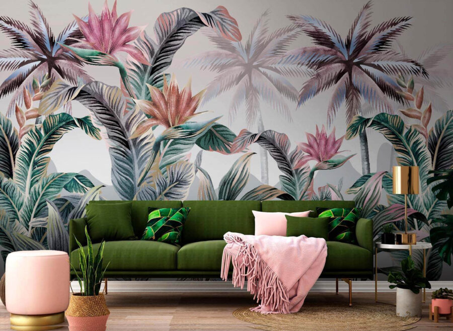 Wallpaper with palm trees and flowers