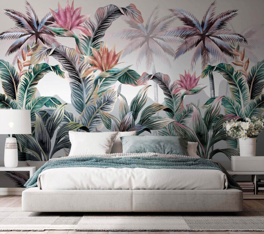 Wallpaper with palm trees and flowers