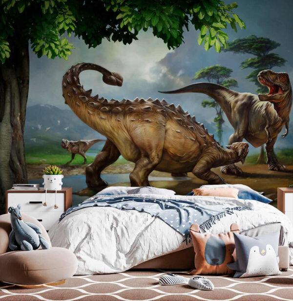 Painting of dinosaurs near a river Painting of dinosaurs near a river
