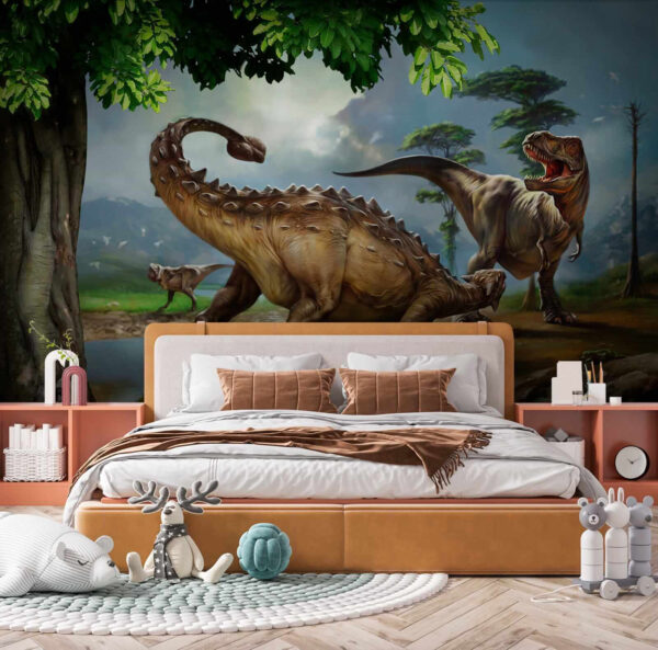 Painting of dinosaurs near a river Painting of dinosaurs near a river