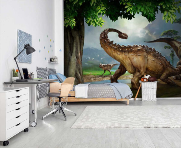 Painting of dinosaurs near a river Painting of dinosaurs near a river