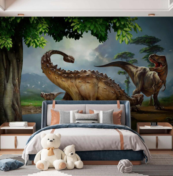 Painting of dinosaurs near a river Painting of dinosaurs near a river