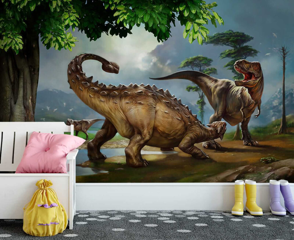 Painting of dinosaurs near a river