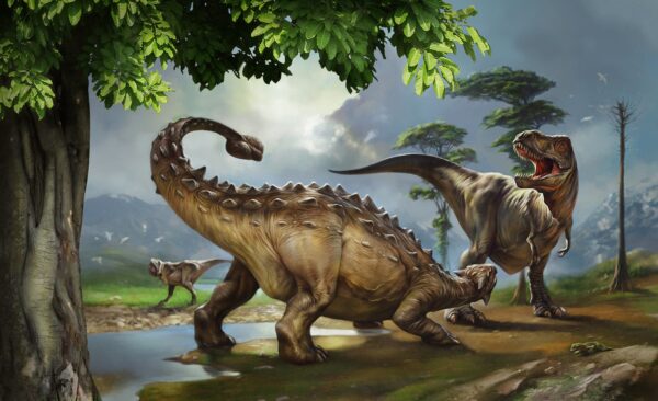 Painting of dinosaurs near a river Painting of dinosaurs near a river