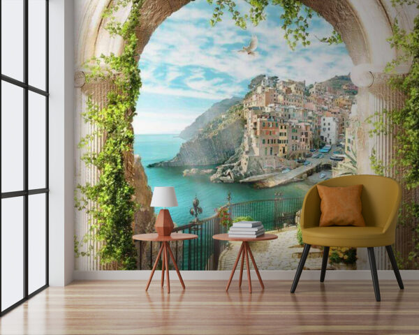 Stone archway with a view of a town and water Stone archway with a view of a town and water