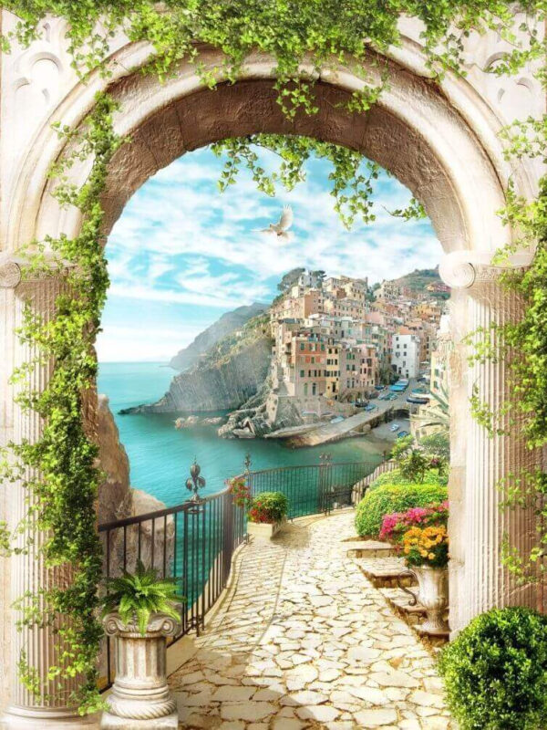 Stone archway with a view of a town and water Stone archway with a view of a town and water