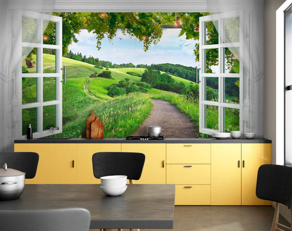 Window with open doors and a path through a grassy field