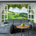 Painting of a baby angel Wall murals Window with open doors and a path through a grassy field