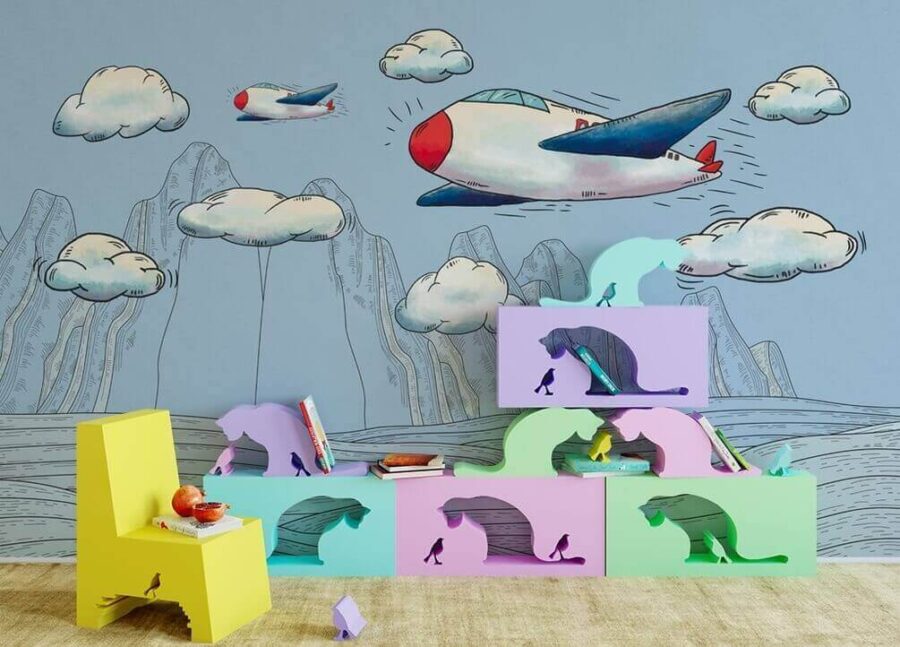 Cartoon of airplanes flying over mountains