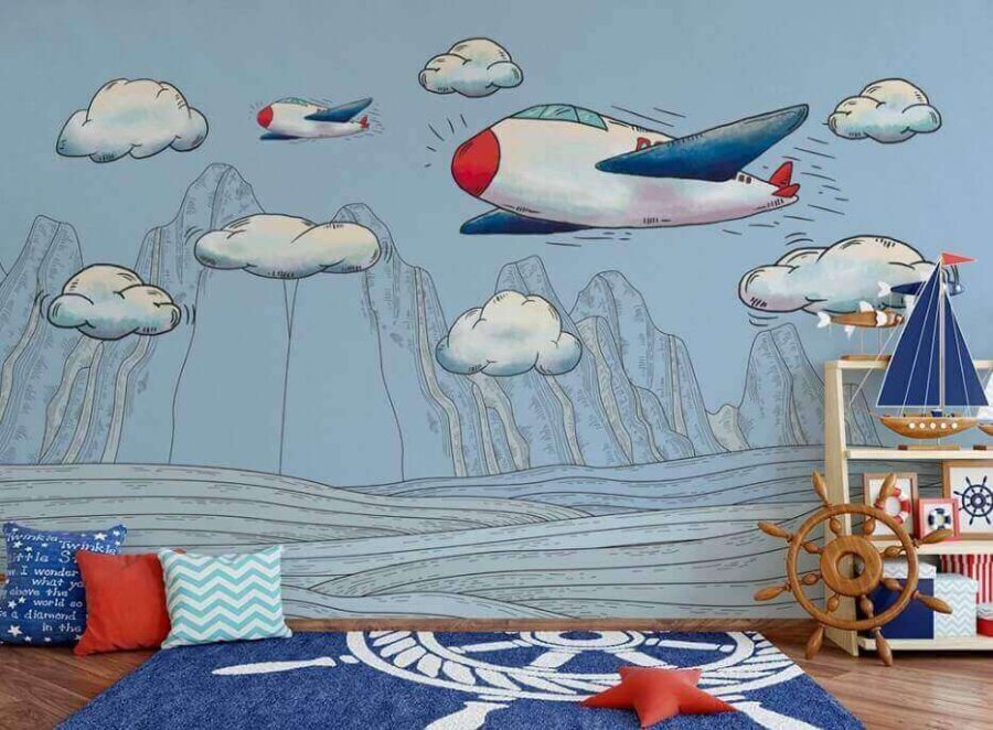 Cartoon of airplanes flying over mountains