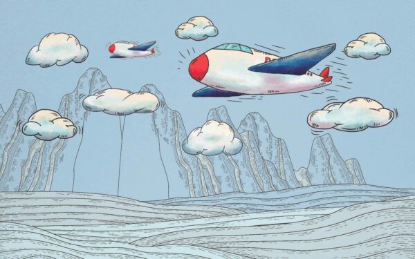 Cartoon of airplanes flying over mountains Cartoon of airplanes flying over mountains