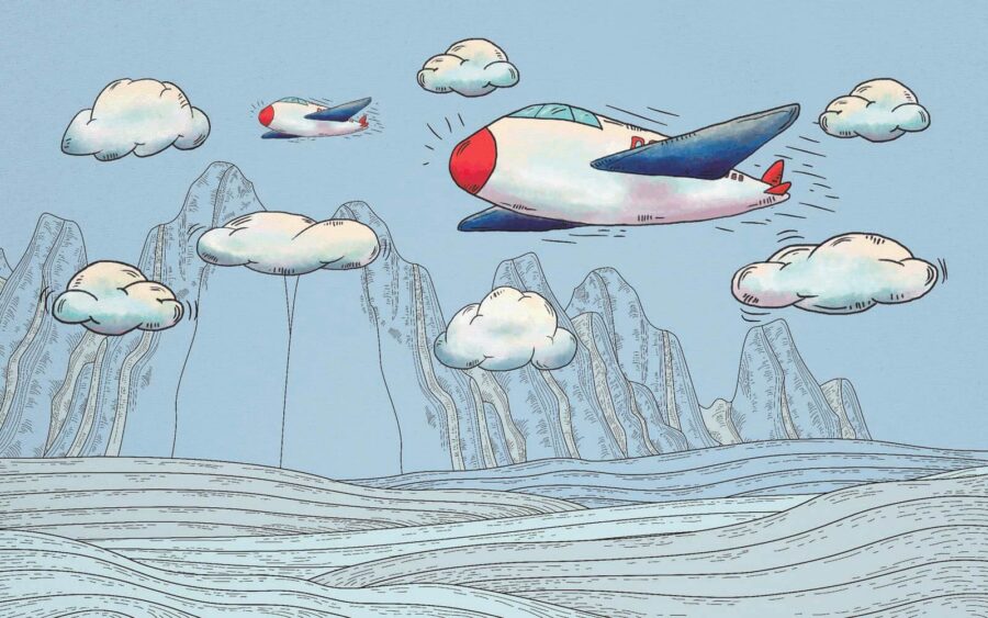 Cartoon of airplanes flying over mountains